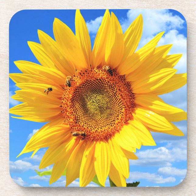 Posavasos Girasol amarillo y abejas en el cielo azul - veran (Frente)