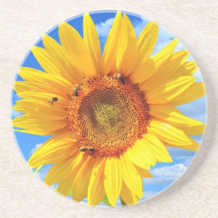 Posavasos Girasol amarillo y abejas en la montaña rusa del c