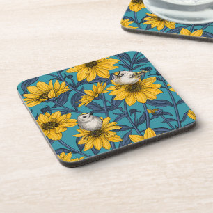 Posavasos girasoles silvestres y pájaros dorados/ amarillo