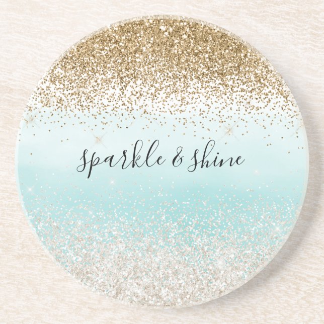 Posavasos Girly Mint Watercolor Ombre Gold Glitzy Glitter (Frente)