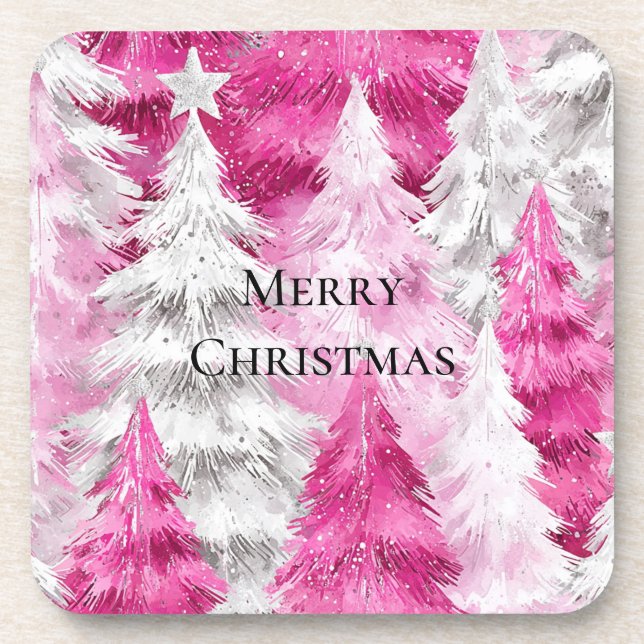 Posavasos Girly Pink Silver Glam Christmas Trees Stripes (Frente)