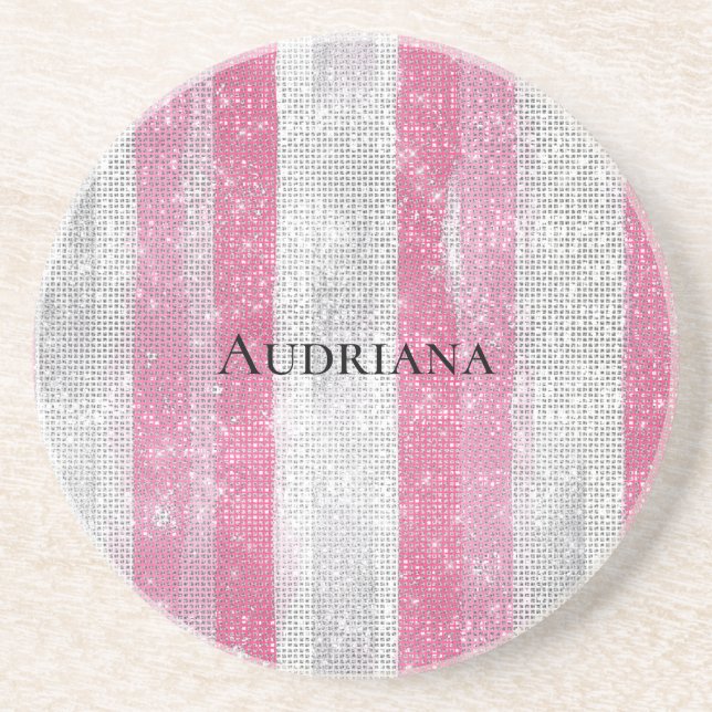 Posavasos Girly Pink Silver Stripes Sparkle Christmas (Frente)
