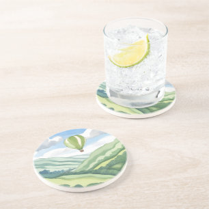 Posavasos Globo aerostático   Paisaje acuarela verde