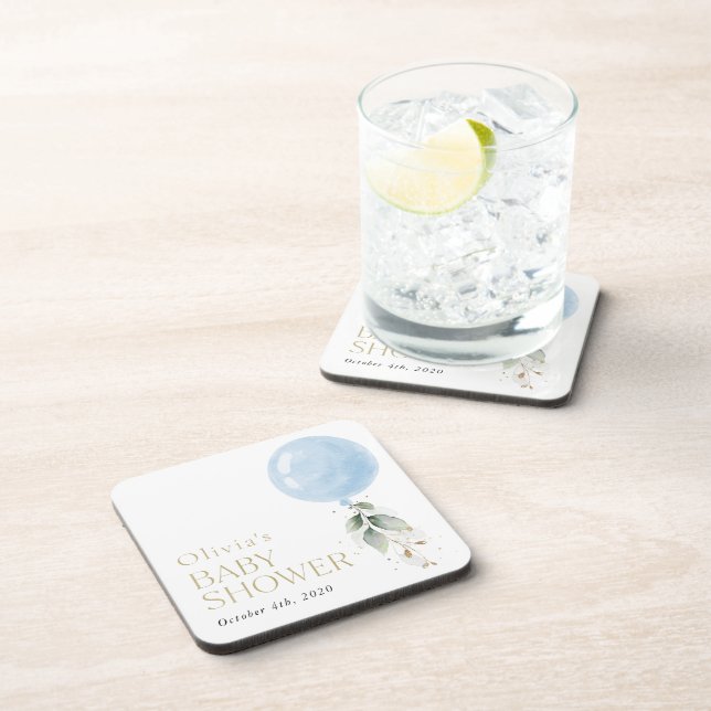 Posavasos Globo azul, eucalipto, vegetación, Baby Shower (Lado Derecho)