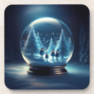 Posavasos Globo de Nieve con 4 Pequeños Elfos y Copos de Nie