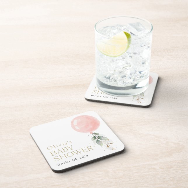 Posavasos Globo rosa, eucalipto, vegetación, Baby Shower (Lado Derecho)