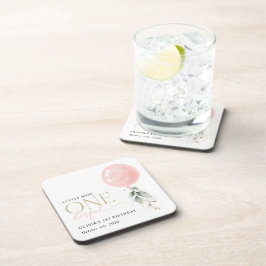 Posavasos Globo rosa, eucalipto, vegetación, primer cumpleañ