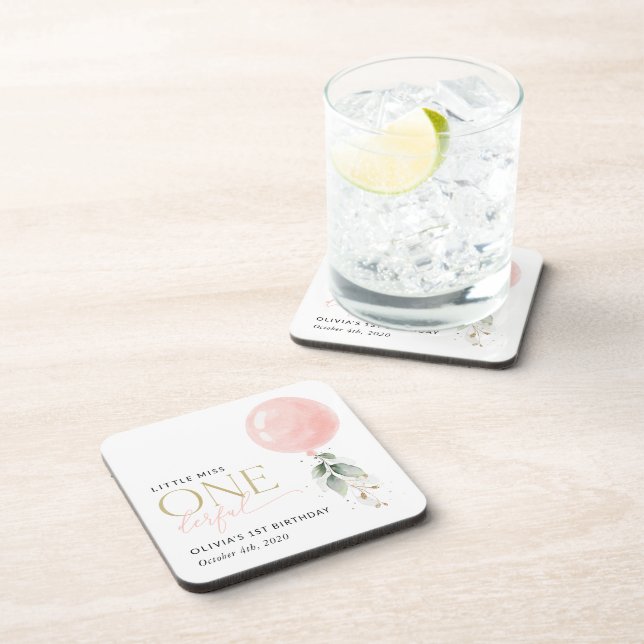 Posavasos Globo rosa, eucalipto, vegetación, primer cumpleañ (Lado Derecho)