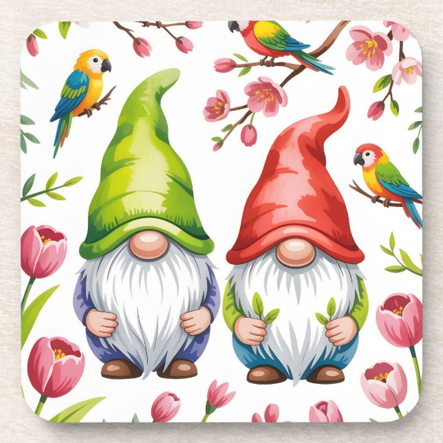 Posavasos Gnomo de jardín con loros tropicales (Frente)