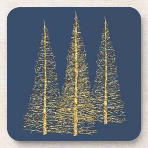 Posavasos Golden Christmas Trees Blue Coasters Set