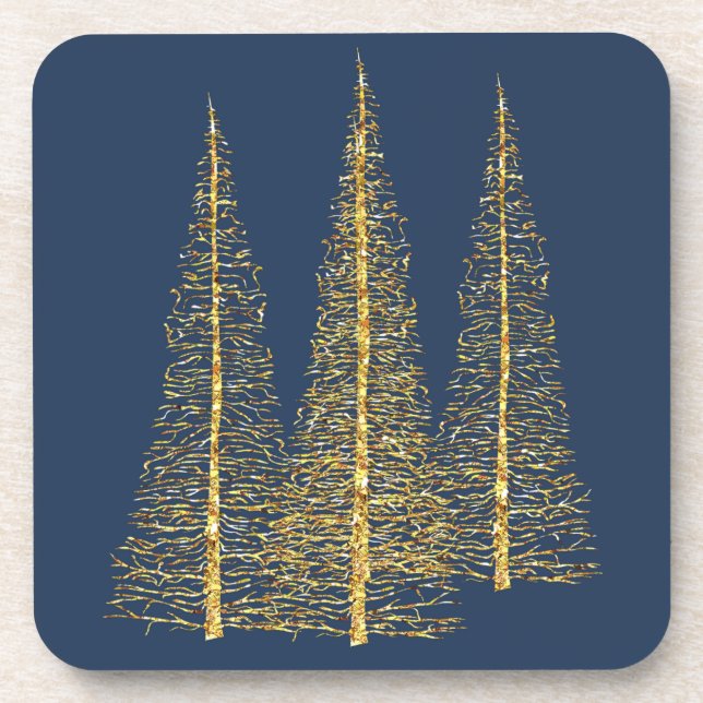 Posavasos Golden Christmas Trees Blue Coasters Set (Frente)