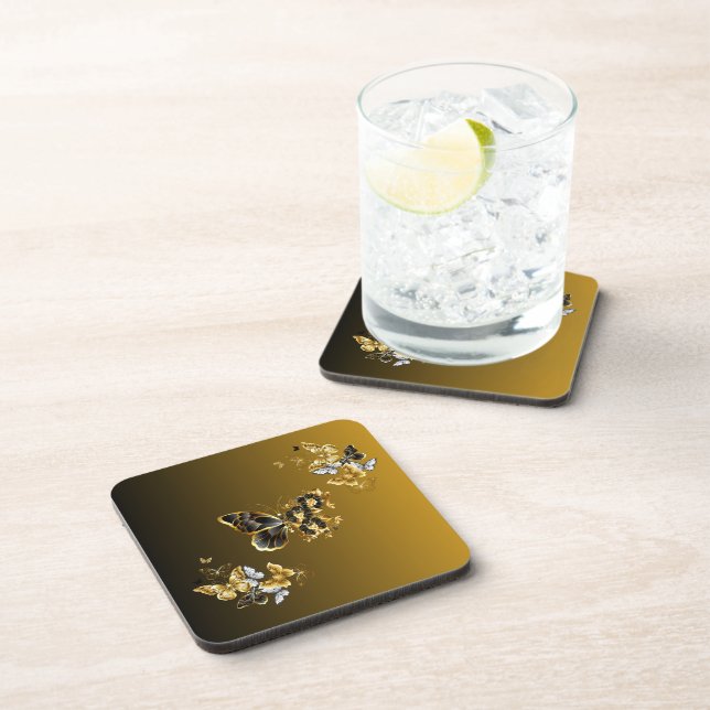 Posavasos Golden Euphony – Black & Gold Butterfly Art (Lado Derecho)