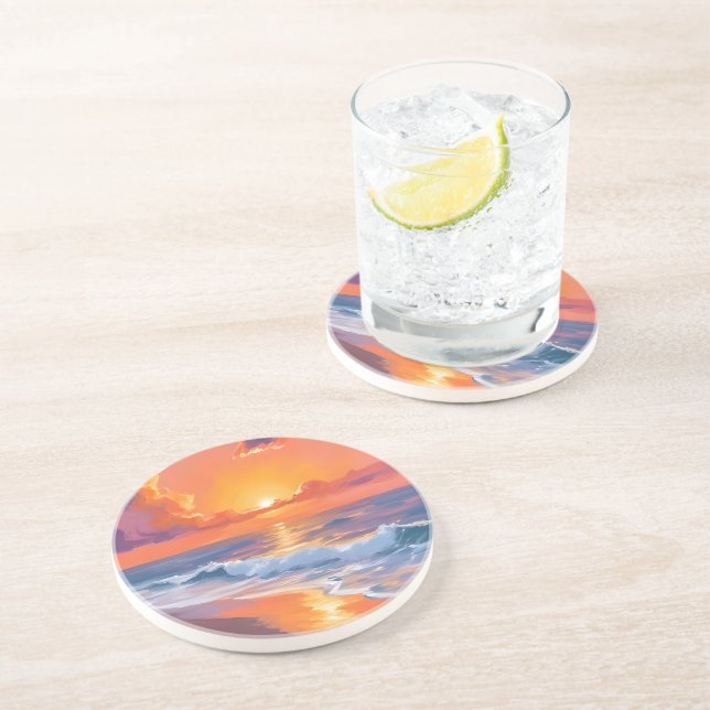 Posavasos Golden Hour Orange Sunset Beach Ocean Painting (Lado)