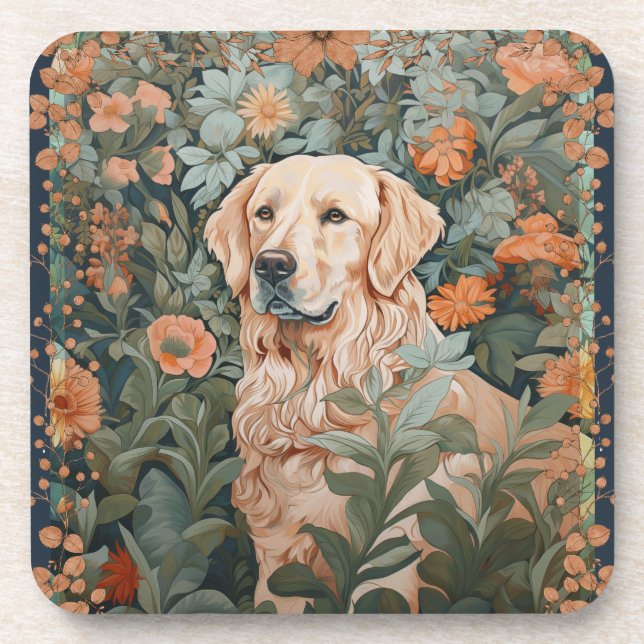Posavasos Golden Retriever al estilo de William Morris (Frente)