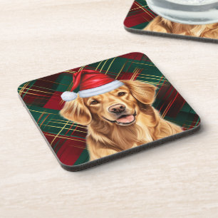 Posavasos Golden Retriever con una placa de festividad roja 