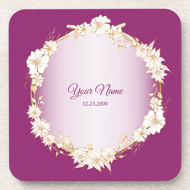 Posavasos Golden White Floral Pink Geometric Rustic Wedding (Frente)