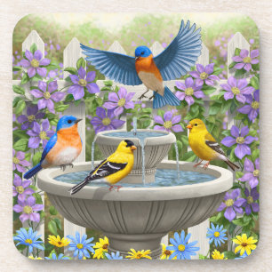 Posavasos Goldfinches de Bluebirds y baño de aves en la fuen