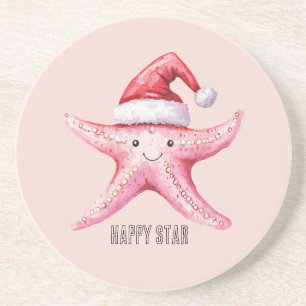 Posavasos Gorra de Santa estrella de mar feliz rosa