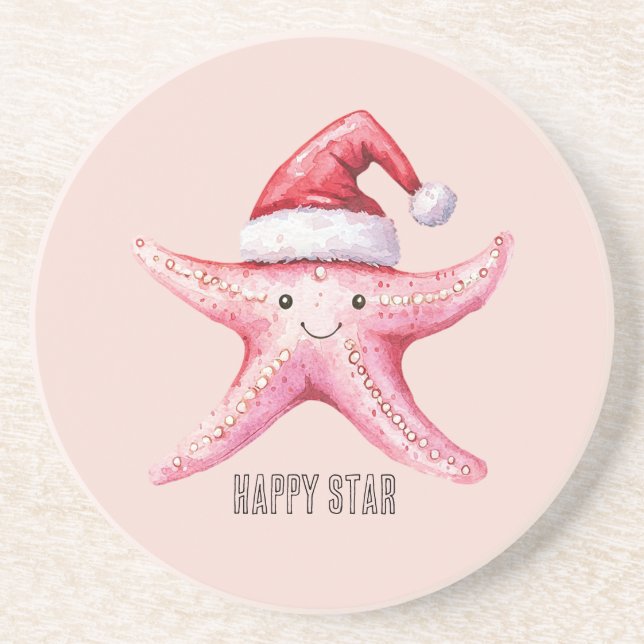 Posavasos Gorra de Santa estrella de mar feliz rosa (Frente)