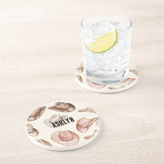 Posavasos Gorras de la chica de vaca rosa marrón occidental (Lado)