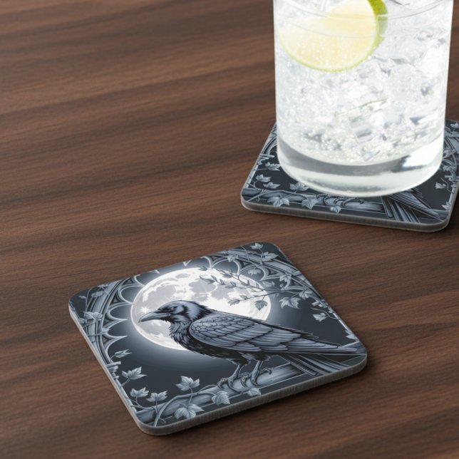 Posavasos Gothic Moonlit Raven Dark Academia (Black raven drink coaster)