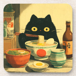 Posavasos Gracioso gato negro comiendo Ramen