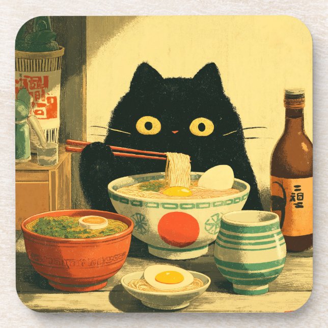 Posavasos Gracioso gato negro comiendo Ramen (Frente)