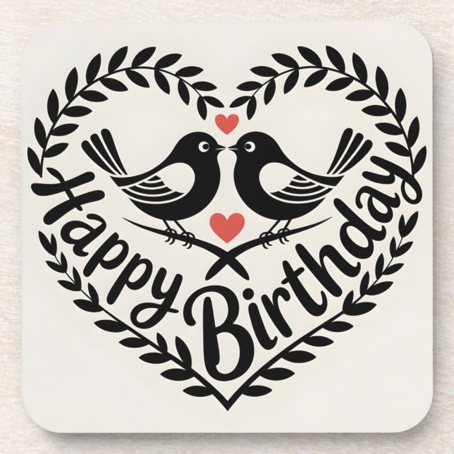 Posavasos Gráfico de corazón de cumpleaños feliz con pájaros (Frente)