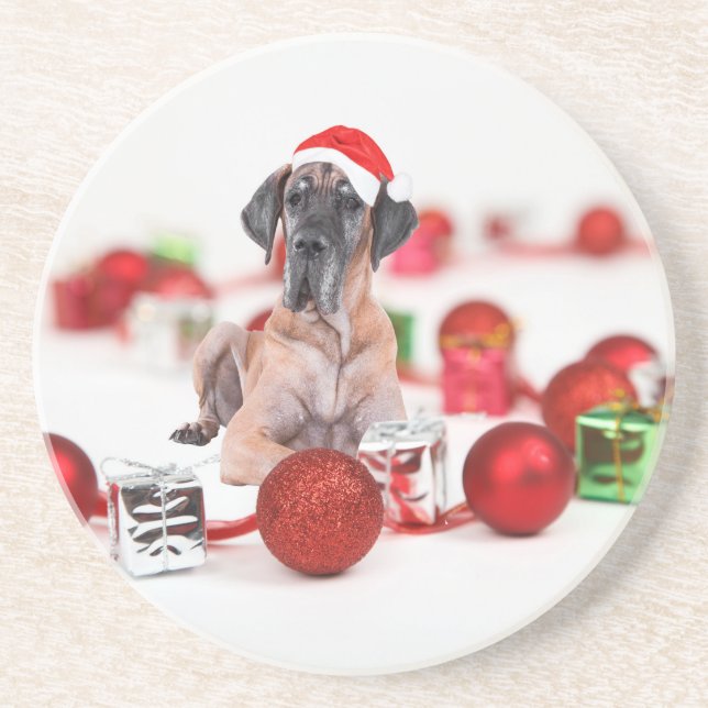 Posavasos Gran perro danés con regalos de adornos navideños (Frente)