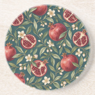 Posavasos Granadas Rubí y Flores de Crema sobre Turquesa