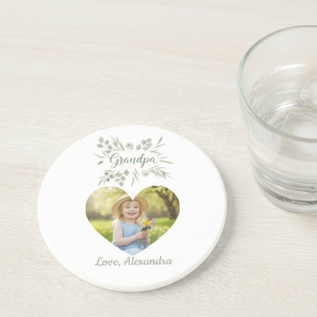 Posavasos Grandpa Gift Coaster - Heart Photo & Eucalyptus (Personalized photo grandpa drink coaster)
