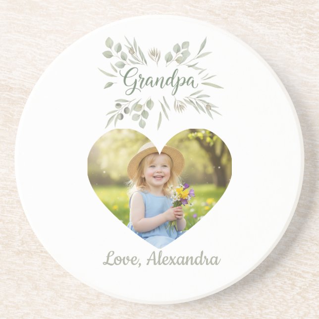 Posavasos Grandpa Gift Coaster - Heart Photo & Eucalyptus (Frente)