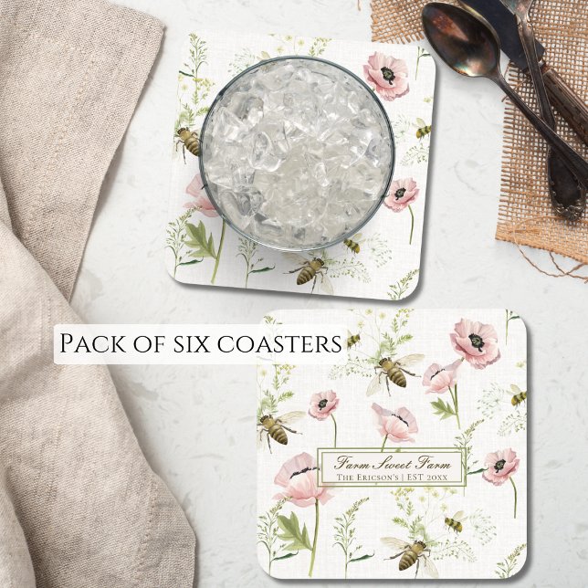 Posavasos Granja dulce Granja Familia Nombre amapola, flores (Add a touch of rustic charm to your farmhouse-style home with this delightful pack of coasters.)