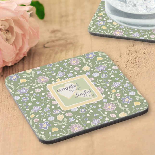 Posavasos Grateful Heart Joyful Life Floral Coaster Set (Grateful Heart Joyful Life Floral Coaster Set – Cottagecore Green)