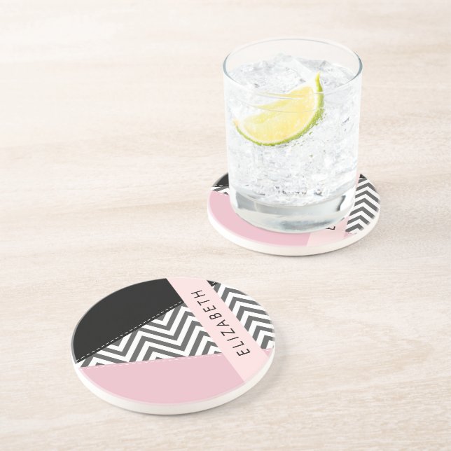 Posavasos Gray Zigzag, Gray Chevron, Pink, Tu Nombre (Lado)
