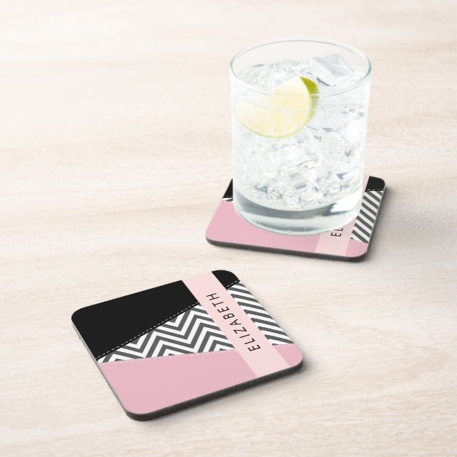 Posavasos Gray Zigzag, Gray Chevron, Pink, Tu Nombre (Lado Derecho)