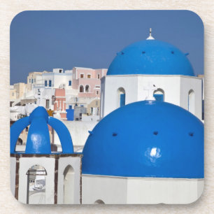 Posavasos Grecia, Santorini. Campanario y cúpulas azules de