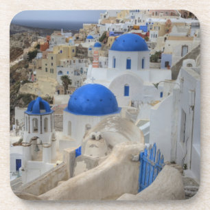 Posavasos Grecia, Santorini. Campanario y cúpulas azules de