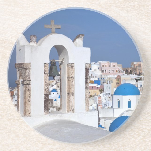 Posavasos Grecia, Santorini. Campanario y cúpulas azules de  (Frente)