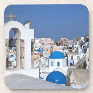 Posavasos Grecia, Santorini. Torre Bell y cúpulas azules de