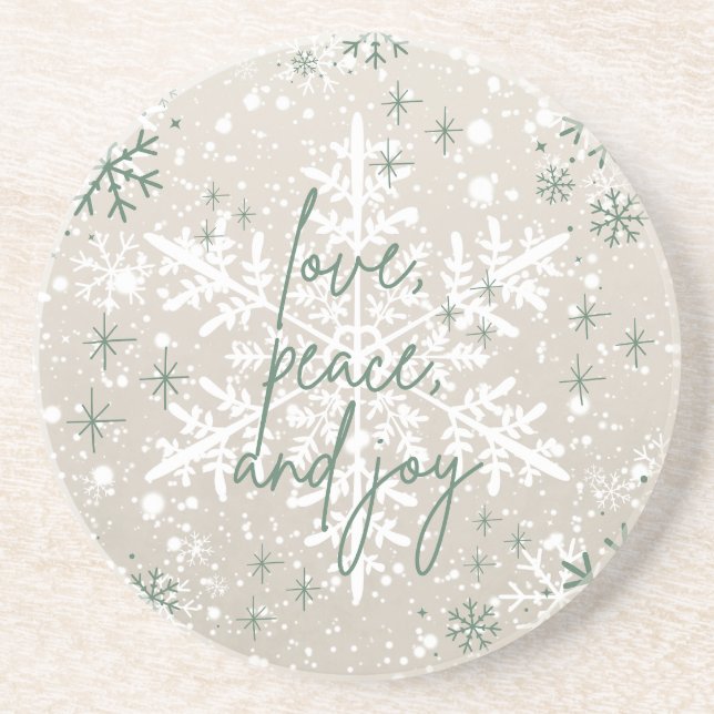 Posavasos Green Beige Snowflakes Love Peace Joy Holiday (Frente)