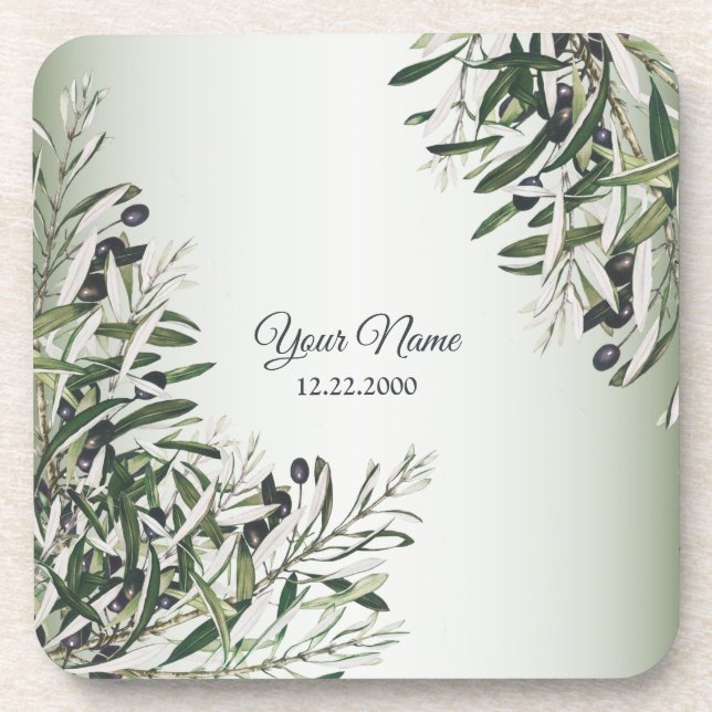 Posavasos Green Leaves Black Olive Elegant Wedding Party (Frente)