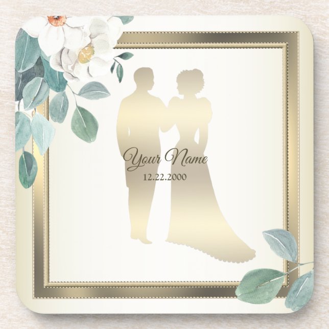 Posavasos Green Leaves Flower Golden Frame Wedding Party (Frente)