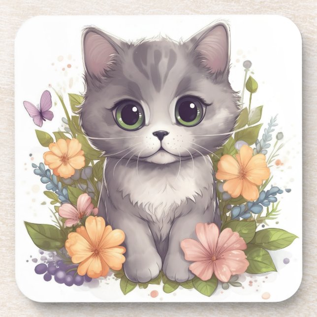 Posavasos Gris Gray Gatito con flores Kawaii Chibi (Frente)