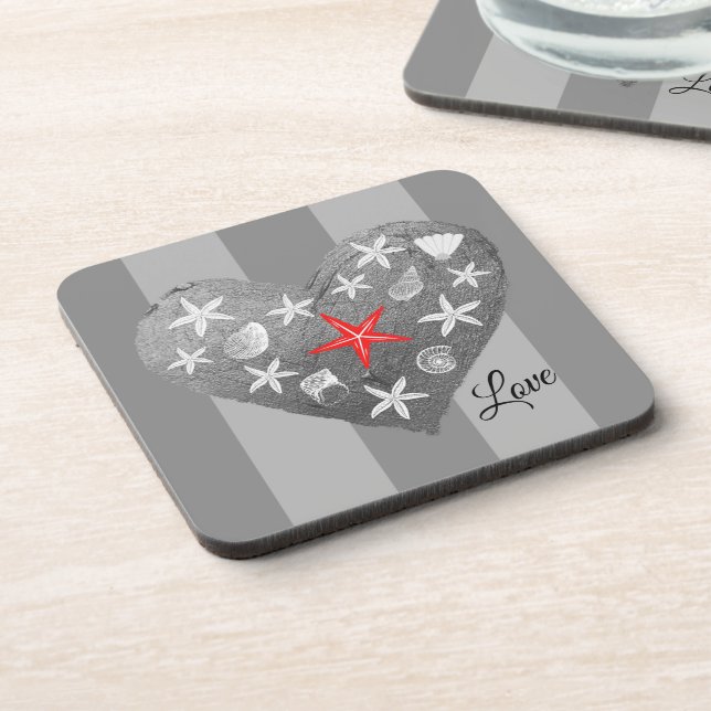 Posavasos Gris Stripe Tema Costero Seashell Starfish Corazón (Lado Izquierdo)