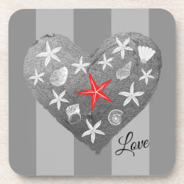Posavasos Gris Stripe Tema Costero Seashell Starfish Corazón