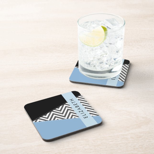 Posavasos Gris Zigzag, Gris Chevron, Azul, Tu Nombre (Lado Derecho)