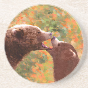 Posavasos Grizzly Bear Mom and Cub Painting - Wildlife Art