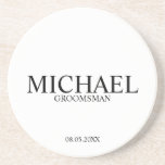 Posavasos Groomsmen personalizado clásico<br><div class="desc">La clásica serpiente personalizada Groomsmen Coaster con el nombre personalizado del groomsman con el título y la fecha boda en el estilo clásico del tipo de letra serif. También perfecto para el Mejor Hombre,  Padre de la Novia y más.</div>