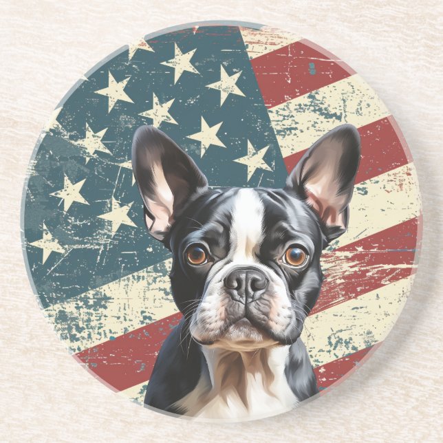 Posavasos Grunge American Flag Boston Terrier Dog (Frente)